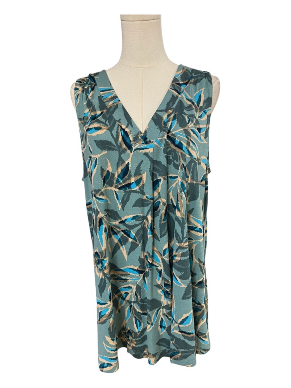 NWT Lascana Blue Green Botanical Leaf V-Neck Tank Top | Size 12/14